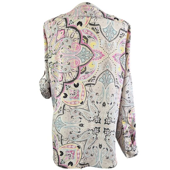Calvin Klein Multicolor Abstract Paisley Roll Tab Sleeve Button-Up Shirt Boho - Picture 2 of 8